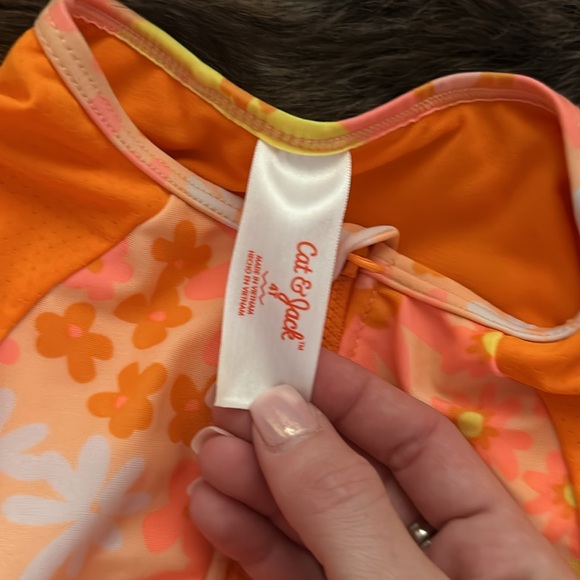 Girls Cat & Jack 4T orange retro 1 piece bathing suit with front zipper floral - Picture 3 of 3